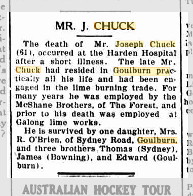 death notice for Joseph Chuck, 1929
